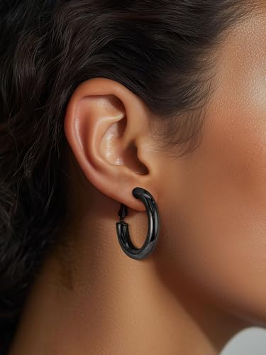 Stainless Steel Chunky Hoop Earrings For Women, Minimalist and Chic, Black/Gold Plated, Round Hoops Earrings Hypoallergenic, Size: 30mm/40mm/60mm/80mm, Come with Box - color: 1. Black, size: 30MM