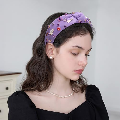 WantGor Pearl Knotted Headband, Women Rhinestone Embellished Hairband Elegant Wide Top Knot Bride Headbands Headpieces Party Fashion Elegant Ladies Hair Band Hair Hoop Accessories (Light Purple) - color: Light Purple