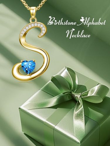 Birthday Gifts for Women 18k Gold Initial Necklaces for Women Simple Alphabets Letters with Birthstone Pendants Name Jewelry Anniversary Wedding Gifts for Sister Daughter Her (with Gift Box) - color: 12-Dec-Blue Topaz, style: Letter S