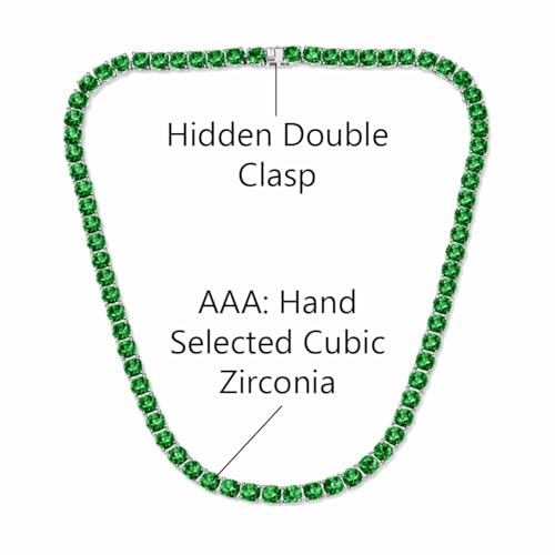 Savlano 18K Gold Plated Cubic Zirconia Round 4.5MM Classic Tennis 18 Inches Chain Necklace For Women & Men Comes With a Gift Box - color: White Gold-Green CZ