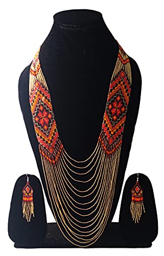 Handmade Native American Style Tribal ethnic Seed Bead Beaded Layered Medallion Necklace #1 - color: Red
