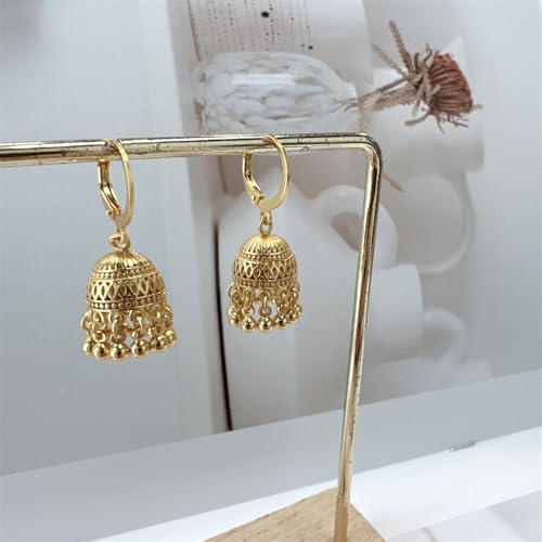 Gold-Tone Indian Jhumki Bell Hoop Vintage Statement Earrings for Women Retro Ethnic Bohemian Hollow Jhumka Round Bells Tassel Dangle Drop Earring Bollywood Traditional Boho Gypsy Huggie Hoops Jewelry