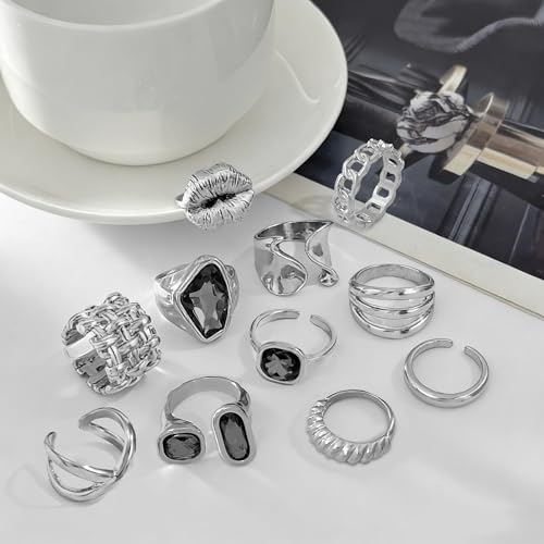 CHICUTIE Silver Kunckle Rings Set for Women, Stackable Chunky Crystal Finger Midi Stacking Rings, Dainty Black Cubic Zirconia Statement Thumb Knuckle Rings Pack Jewelry Gift