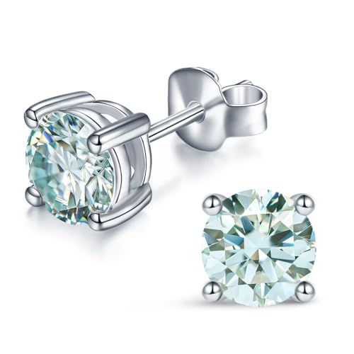YODEWA 1/2/3ct Moissanite Stud Earrings for Women 925 Sterling Silver Hypoallergenic Butterfly Back 1 Pair DEF Color Lab Created Brilliant Round Moissanite Earrings - color: Round Light Blue, size: 2CTW(1CT*2-6.5mm)