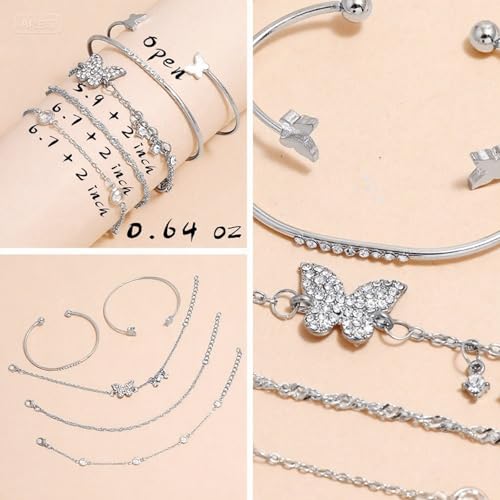 IFKM Gold Chain Bracelets Set for Women, 14K Gold Plated Multiple Layered Stackable Open Cuff Bangle Bracelet Anklet Bracelets Adjustable Link Tennis Beads Italian Cuban Jewelry for Women Gift - style: 24PCS Silver Set