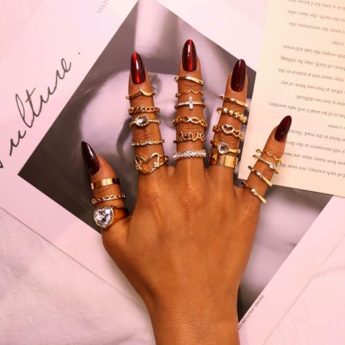 CHICUTIE Gold Knuckle Rings Set For Women Stackable Joint Finger Midi Rings Dainty Cubic Crystal Zirconia Hollow Twist Cute Pack Jewelry Gift - style: 23PCS GOLD