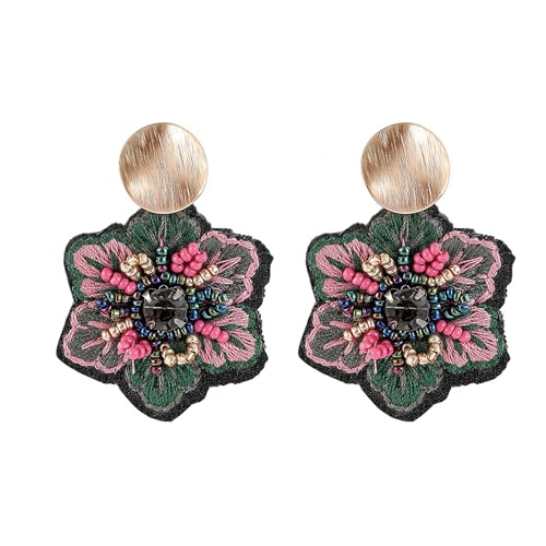 Boho Floral Embroidered Earrings with Colorful Bead Accents and Crystal Center for Women - color: Green