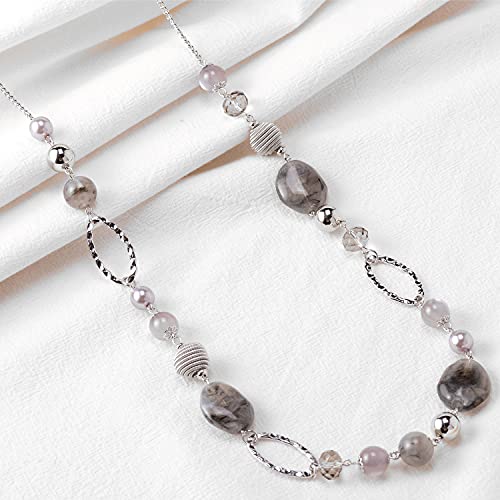 BULINLIN Beaded Long Necklace for Women Silver Sweater Chain Necklace with Crystal Resin Beads, Fashion Jewelry Necklace - color: Grey