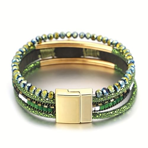 Boho Layered Bracelet for Women – Green Crystal Beaded Wrap Bracelet with Gold Clasp, Multi-Strand Hypoallergenic Statement Jewelry - color: Green