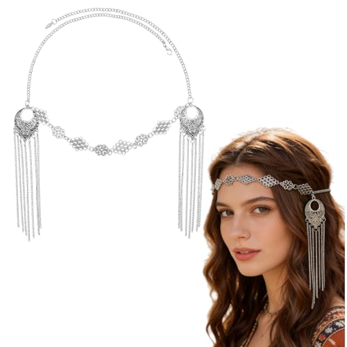 Silver Tassel Forehead Head Chain for Women - Bohemian Ornate Fringe Headpiece, Adjustable Ethnic Hair Jewelry for Festivals, Belly Dance, Bridal & Boho Styling
