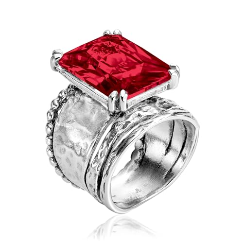 JEAN RACHEL JEWELRY 925 Sterling Silver Ring - Hammered Vintage Design with Octagon Shaped Cubic Zirconia - Hypoallergenic, Lead & Nickel Free - Artisan Handcrafted Statement Rings for Women - color: Ruby CZ