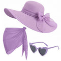 3 Pcs Summer Beach Set for Women Wide Brim Straw Sun Hat, Swimsuit Coverup Sarong, Heart Sunglasses - color: Purple