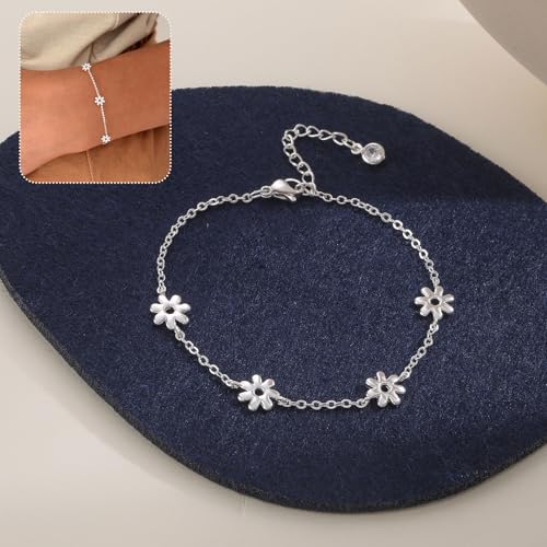 Dainty Silver Gold Bracelets for Women Trendy Non Tarnish 14K Gold Plated Cute Clover Bracelet Stackable Daisy Cubic Zirconia Diamond Charm Bracelet Stack Waterproof Jewelry Gifts - color: H- Sunflower Bracelet- Silver