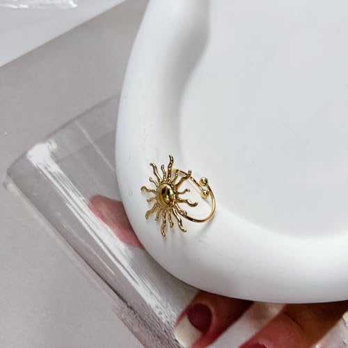 Vintage Sun Wrap Band Statement Ring for Women Men Stainless Steel Gold Unique Adjustable Large Sunburst Knuckle Thumb Finger Open Rings Boho Delicate Jewelry for Her