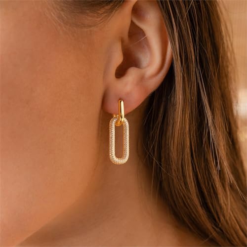Gold Earrings for Women Trendy, Simple Dainty 14K Gold Plated Paperclip Square Chain Link Dangle Hoops Earrings Pin Stud Huggie Earrings Lightweight Hypoallergenic Minimalist Aesthetic Gold Jewelry for Christmas Gifts - color: link huggie earrings-gd