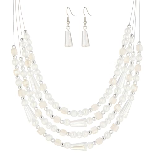 Errally Layered Beaded Statement Necklace Multi Strand Crystal Beads Collar Necklace and Earring Sets for Women Fashion Costume Jewelry Set Gifts for Her - color: White
