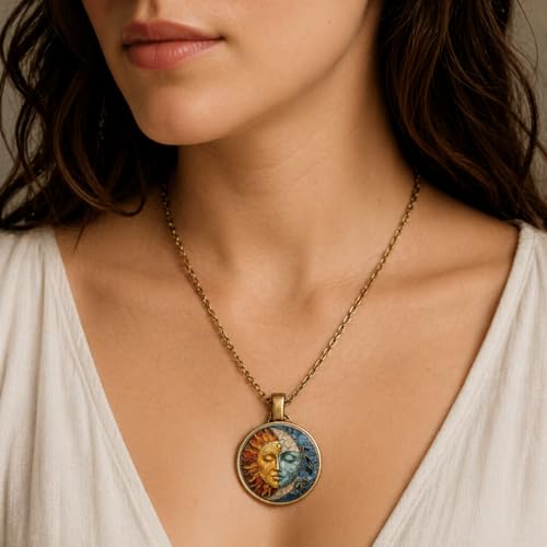 1pc Stunning Round Pendant Necklace - Unique Sun & Moon Pattern, Oil Painting Style Glass Mosaic, Alloy Construction, Trendy Sweater Chain, Fashionable Gift for Women - Christmas or Birthday Gift - color: Bronze Chain