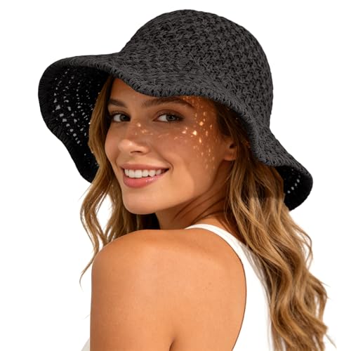 Sun Hat for Women Beach Hat Straw Bucket Hat Summer UV Protection, Packable Breathable Crochet Style - color: 1pack-black