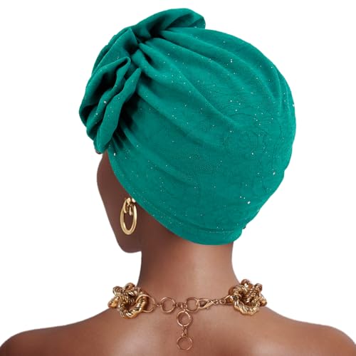 Erinaco Women Sparkle Sequin African Turban Bow Knot Pre-Tied Cap Pleated Ruffle Bonnet Beanie Hat Headwrap Skull Caps - color: Beaded Green