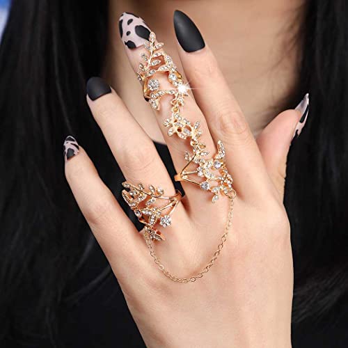 Yalice Charm Leaf Full Finger Ring Bracelets Dainty Knuckle Open Ring Harness Hand Chains Adjustable Statement Rings Jewelry for Women Gift - color: Gold-2