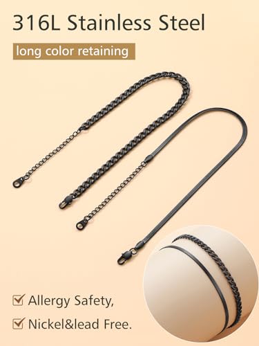 FindChic Black/Silver/Gold Plated Anklets Set of 2PCS/3PCS Herringbone Chain Cuban Link Heart Charm Sparkling Tennis Ankle Bracelets, Waterproof Summer Foot Jewelry for Beach - color: 03. Black-2PCS Cuban & Herringbone