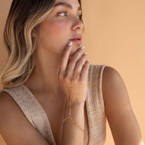 BAYLAY Hand Chain Bracelet, 14K Gold Plated Ring Bracelet Hand Chain Dainty Gold Bracelet for Women Trendy Finger Ring Slave Bracelets Hand Jewelry for Women Summer Beach Boho Gifts Trendy Stuff - color: Beads