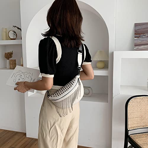 GLT.ETL Fanny Pack Chest Bag For Women Faux leather Fringe Quilted Waist Cross Body Blet Bum Bags Rivet Studded Tassel Purses (Beige White) - color: White