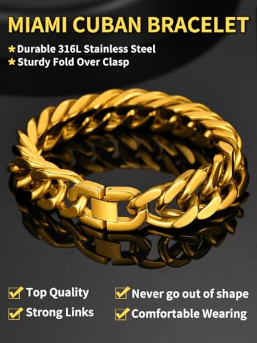 ChainsHouse Stainless Steel Cuban Link Bracelet, 8mm/12mm/17mm Width, 7.5"/8.3"/9", 18K Gold Plated Chain Wrist Bracelets for Men Women, Send Gift Box - color: O: Gold-17mm width