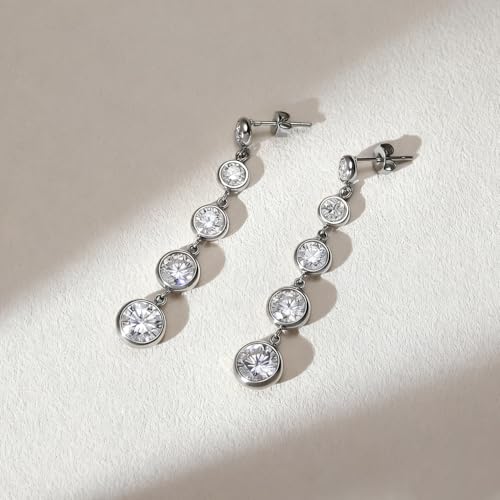 Women's Long Sparkly Dangle Earrings Hypoallergenic Stainless Steel 14K Gold Plated Lightweight CZ Statement Studs - color: Silver