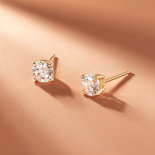 Amazon Essentials Plated Sterling Silver Cubic Zirconia Stud Earrings (Round & Princess) - color: White/Yellow Gold, size: 4 mm, style: Round Cut