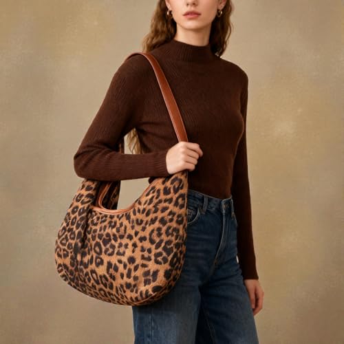ENBEI Leopard Print Tote Bag for Women Leather Strap Shoulder Tote, Soft Faux Suede Large Tote with Button, Foldable Fashion hobo bag for Travel, Work & Daily Use | Leather Strap