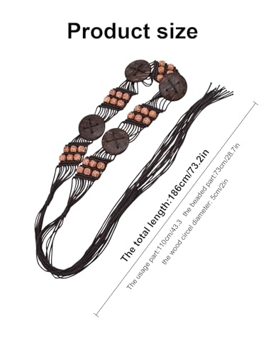 TeeYee Women's Waist Belt Adjustable Boho Style Handwoven Bohemia Tassel Rope Tie with Wooden Beads Braided Chain for Dress - color: 285coffee