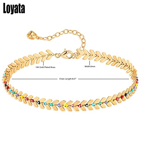 LOYATA Dainty Ankle Bracelet,14K Gold Plated Tiny Bead Anklet Dainty White Cubic Zirconia Cross Tassel Foot Chain Cute Lucky Moon Evil Eye Foot Jewelry Boho Anklets for Women - color: Evil Eye Leaves