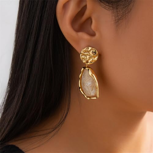 Irregular Crystal Dangle Earrings,Vintage Baroque Pearl Stud Melted Liquid Metal Wrinkle Drop Earring Geometric Statement Earrings for Women - color: White
