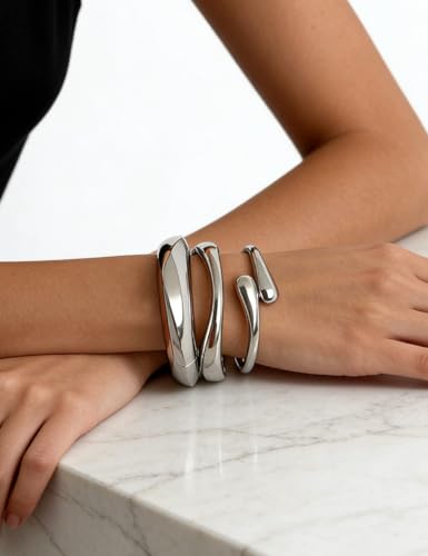 Chunky Gold Bangle Bracelets for Women, Dainty 14k Gold Plated Big Stackable Bangles Set, Trendy Statement Cuff Bracelet Stack Summer Beach Jewelry Gifts - style: Silver
