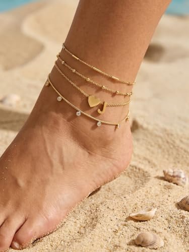 Silvora Ankle Bracelets for Women Waterproof 14K Gold/Silver/Black Initial Anklet for Women Dainty Layered Heart Ankle Bracelets Stainless Steel Adjustable Foot Chain Anklet Summer Beach Jewelry - color: Gold-14K Gold Plated, size: 10.J