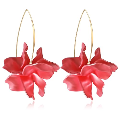 Exaggerated Bohemian Resin Rose Flower Petal Dangle Drop Earrings Long Acrylic Tiered Floral Tassel Earring for Women - color: Pearl Red