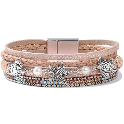 FANCY SHINY Turtle Starfish Leather Wrap Bracelet Boho Rhinestone Pearl Cuff Bracelets for Women Summer Beach Jewelry for Women - color: Rose Gold