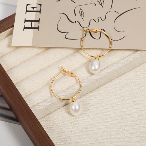Gold Plated Huggie Hoop Earrings with Charms Fashion Pearl Drop Dangle Earrings for Women Handmade Karma Circle Jewelry for Ladies Lightweight Pearl Earrings on Christmas - color: shell pearl