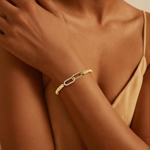 Elastic Beaded Charm Bracelets for Women - Adjustable Stackable Dainty Bracelet with Gold or Silver Charms, Jewelry Gift for Her - style: Gold-Paperclip