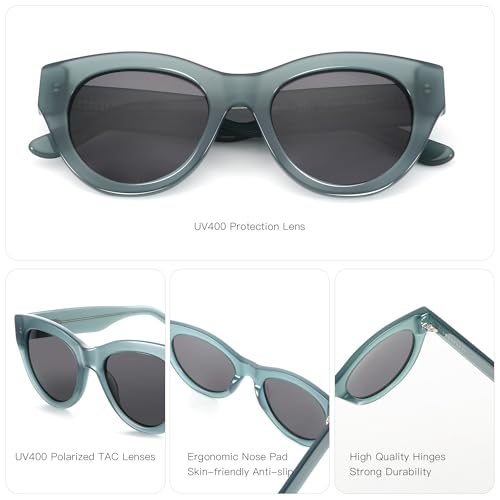 ZENOTTIC Polarized Sunglasses Women Round: Trendy Sun Glasses for Ladies - Retro Classic Shades UV400 Protection - color: C04 Crystal Green Frame Grey Lens