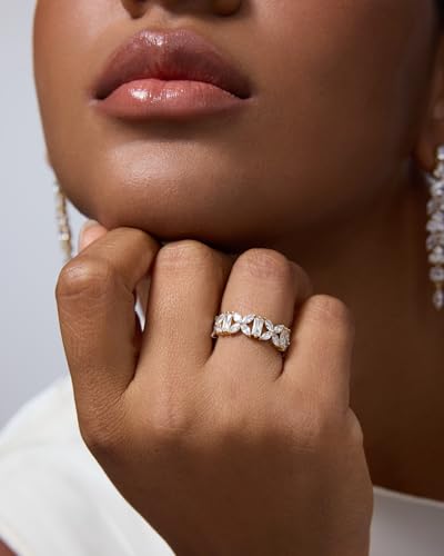 PAVOI 14K Gold Plated Marquise Eternity Rings for Women - Cubic Zirconia Chunky Stackable Wedding Ring - Statement Baguette CZ Gold Wedding Bands for Women - Promise Band Bridal Jewelry - color: White Gold