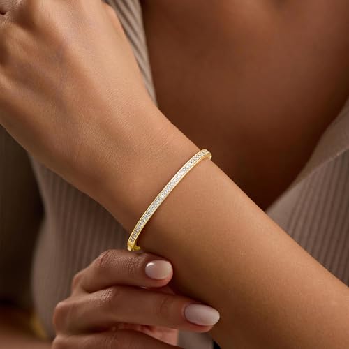 Turandoss Gold Bangle Bracelets for Women - Dainty 14K Gold Plated Tennis Bangle Bracelet Personalized Cubic Zirconia Oval Cuff Bracelets Jewelry Gifts - color: CZ Bangle - Shinny Tennis