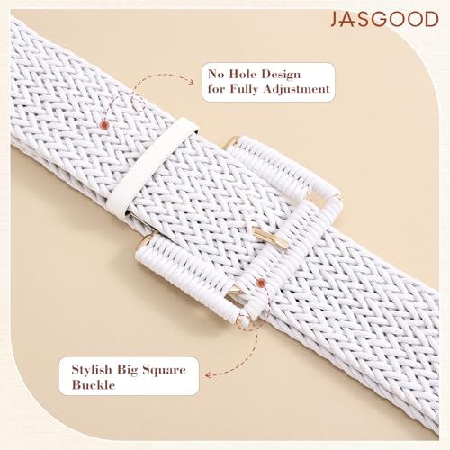 JASGOOD Women Wide Woven Belt for Dresses Rattan Waist Belt Braided Boho Belt with Square Buckle - color: White, size: Fit Waist Size 28-32inch