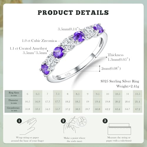 3.5mm Stackable Rings S925 Sterling Silver Created Birthstone & Cubic Zirconia Ring for Women Wedding Bands Anniversary Birthday Jewelry Size 6 to 10(with Box) - color: 02-Created Amethyst & CZ-Feb