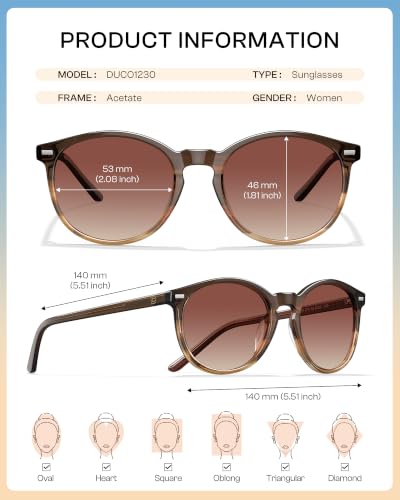 DUCO Women's Trendy Retro Round Acetate Polarized Sunglasses, UV400 99% Glare Block, Lightweight for Daily & Outdoor - color: 3. Gradient Brown Frame Brown Lens