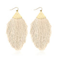 Bohemian Silky Thread Fan Fringe Tassel Statement Earrings - Lightweight Strand Feather Shape Dangles - color: Feather Fringe - White