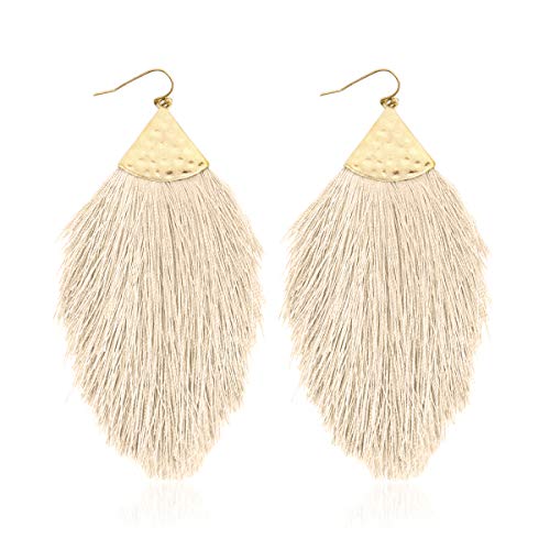 Bohemian Silky Thread Fan Fringe Tassel Statement Earrings - Lightweight Strand Feather Shape Dangles - color: Feather Fringe - White
