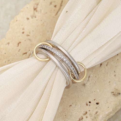 Stackable Gold Rings for Women 18K Gold Plated Interlocking Ring Stack Set Gold Silver Mixed Metal Statement Rings Dainty Cubic Zirconia Fashion Connected Band for Her - size: Size 6.0-6.5