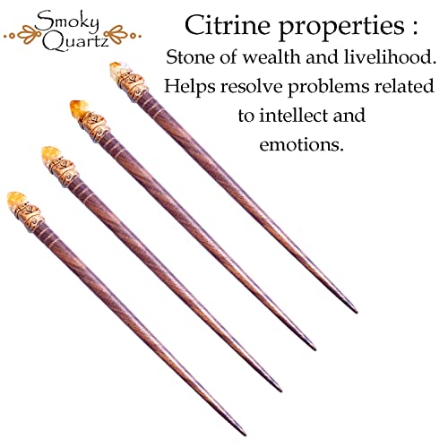 Natural Tumbled Healing Gemstone Crystal Wooden Hair Stick Handmade Gifts Boho Reiki by Smoky Quartz (Citrine raw) - color: Citrine raw